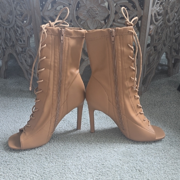 Tan Lace-Up Peep Toe Heeled Boots - Picture 3 of 5